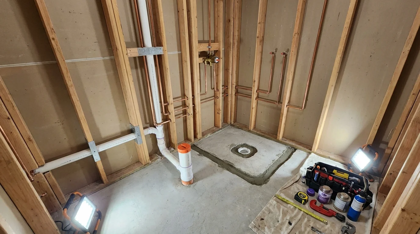 Bathroom rough-in plumbing during remodel by Johns Plumbing LLC in Portageville