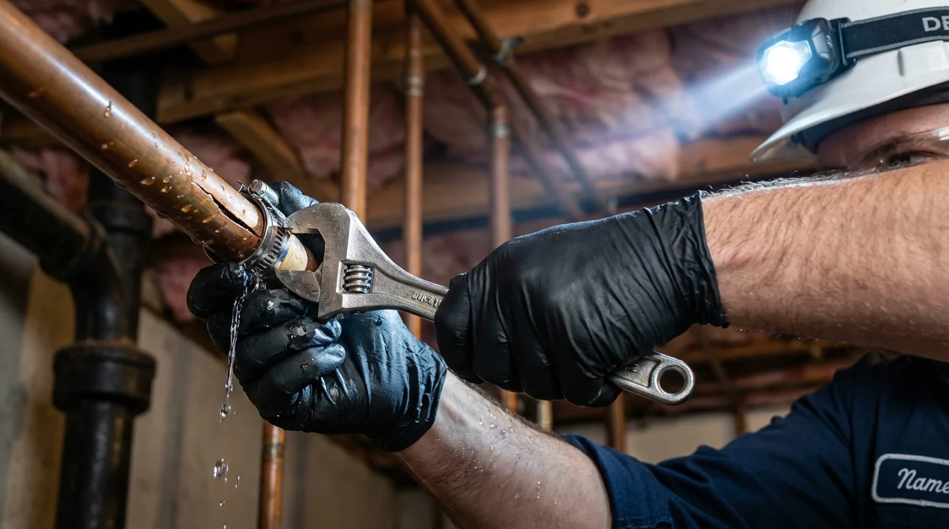 Emergency pipe clamp repair being performed by a Johns Plumbing LLC plumber in Portageville