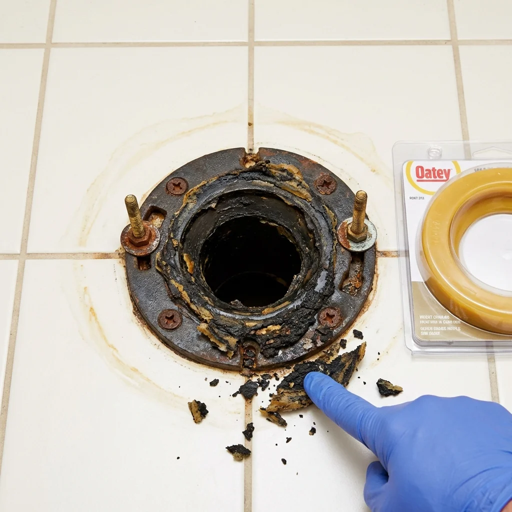 Failed wax ring showing water seepage at the base of a toilet in a Portageville, MO home