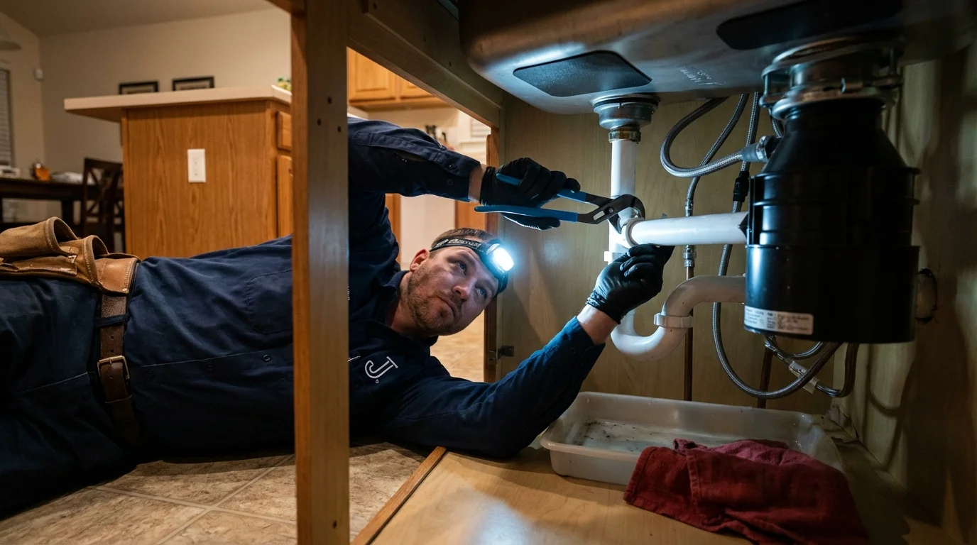 P-trap and supply line connections under a kitchen sink showing a common leak point in Portageville, MO